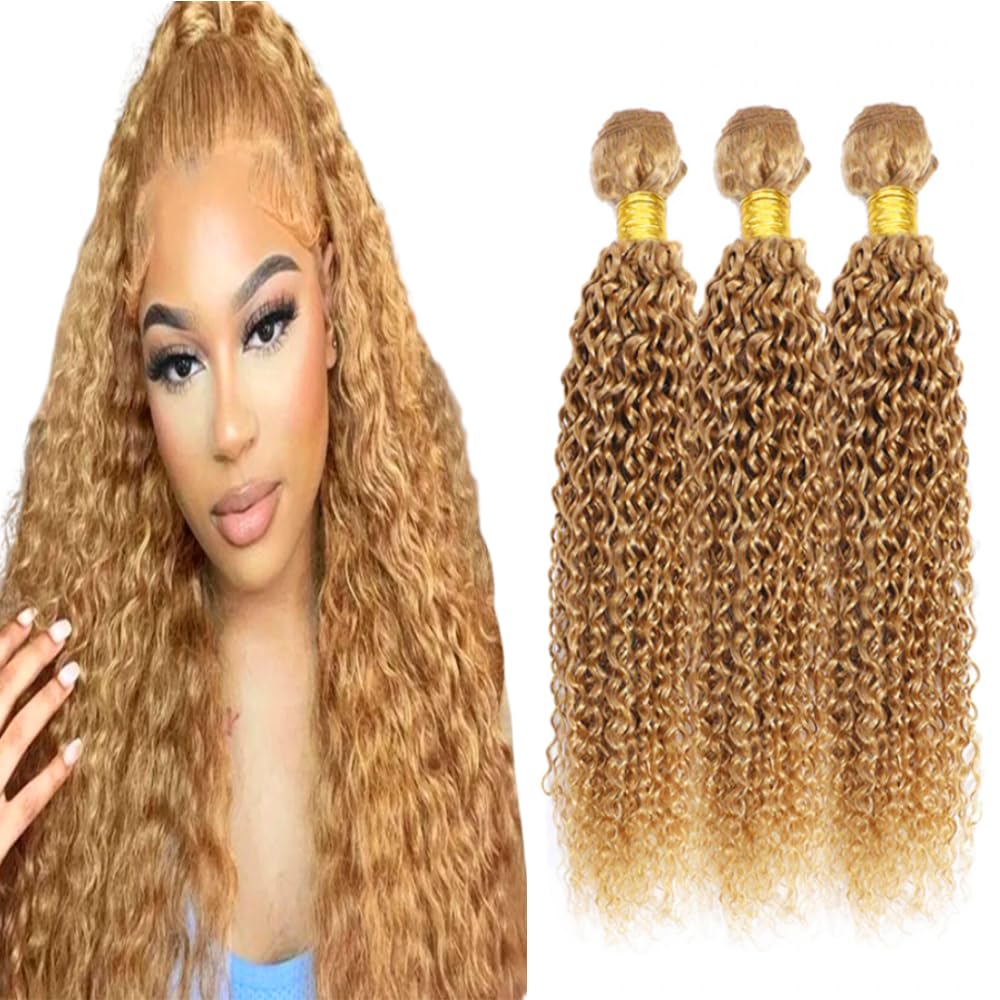 Honey Blonde Bundles #27 Blonde Kinky Curly Bundles Human Hair 8A Grade #27 Bundles Double Weft Weave Extensions Hair Soft And Healthy 20 22 24 Inch 3 Bundles Double Weft Weave Extensions Hair