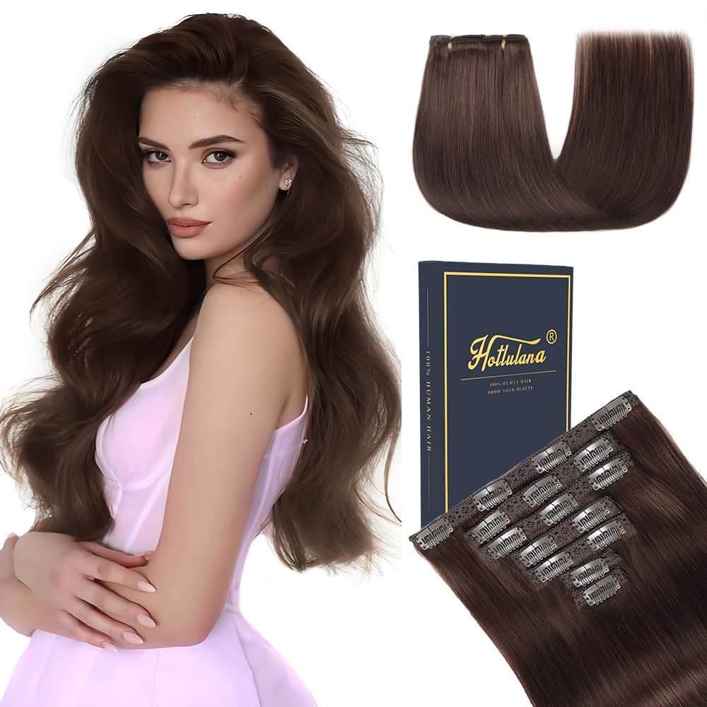 HotLulana Extension Capelli Veri Clip 7pcs 50cm 120g Marrone Cioccolato Extension Capelli Veri 20 Pollice Extension Capelli Clip Invisible Extension Clip Capelli Veri Clip IN Extension Human Hair 2#