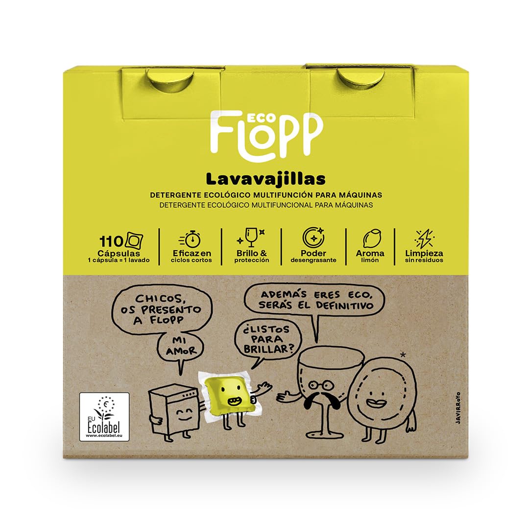 Flopp - Cápsulas Lavavajillas Ecológico | 110 Cápsulas con Envase Biodegradable | Etiqueta EU Ecolabel | Abrillantador con Protección del Cristal | Formula Vegana
