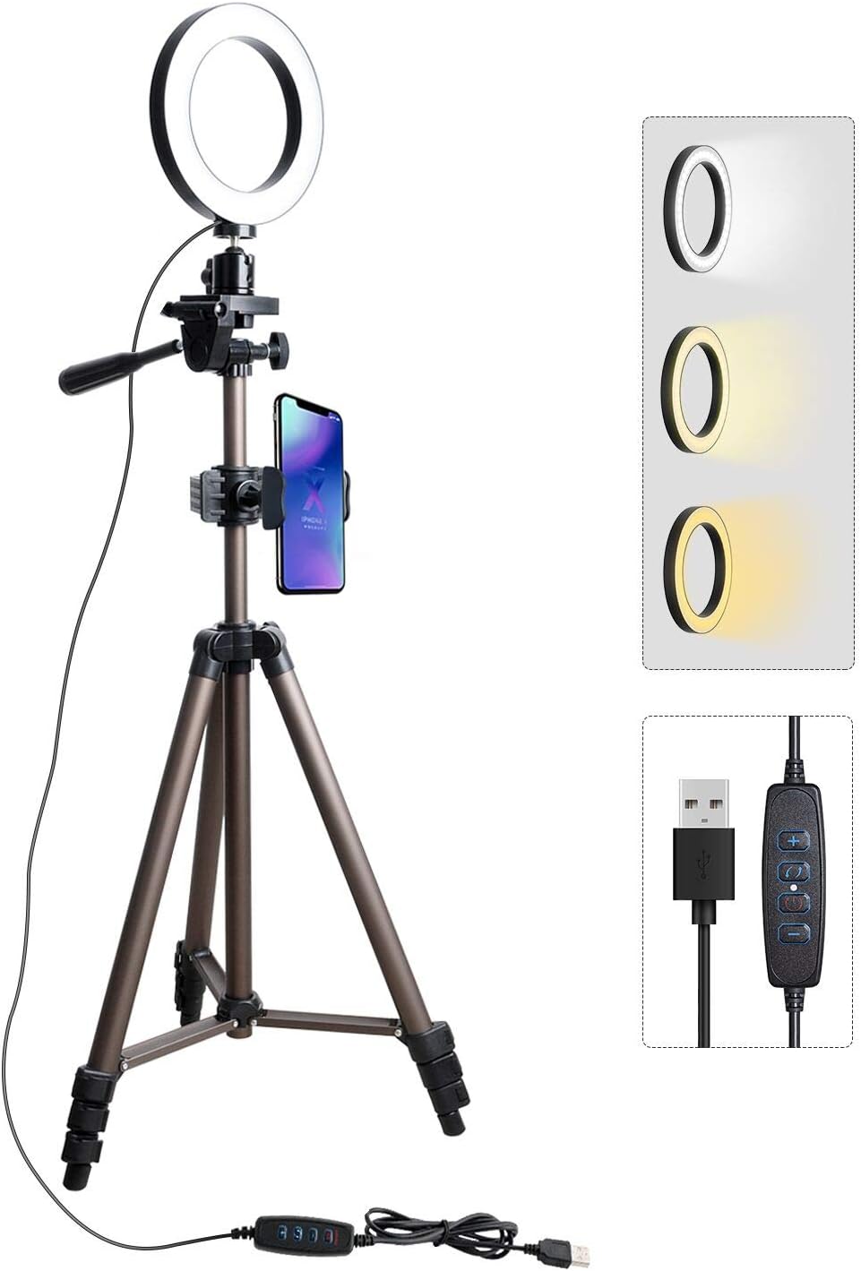 Tryone Ring Light Stand - Phone Tripod Stand, Live Stream Stand with 5.7” LED Ring Light for YouTube Video or Makeup, 3 Light Modes & 10 Brightness Levels