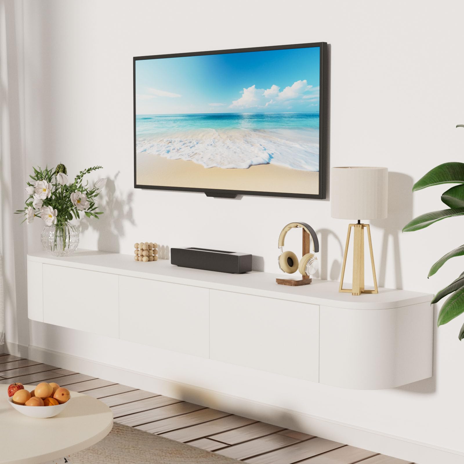 JMGJOY 160cm Floating Tv Stand Cabinet Wall Mounted Tv Unit with Doors And Drawers Media Wall Unit Large Storage Console Table for Living Room Bedroom and Office, White