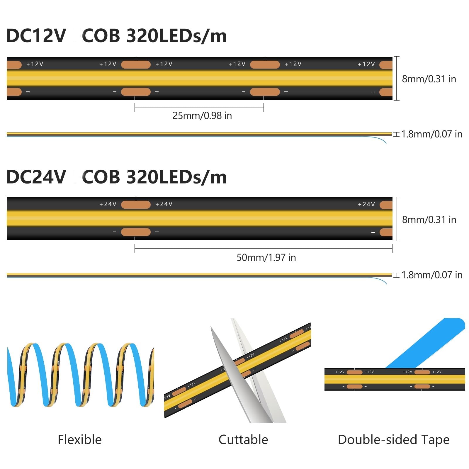 DC 12 V/24 V czarna taśma LED PCB COB | 320 diod LED/M, ciepła/naturalna/biała (3000 K / 4000 K / 6000 K), IP20 RA90 (biały 2-pinowy, DC 24 V 20 m)