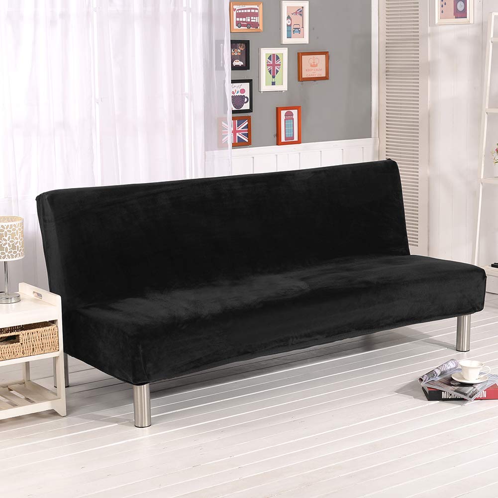 Stretch Armless Sofa Slipcovers, Full Size Polyester Futon Covers, Without Armrests, Machine Washable Folding Couch Cover Furniture Protector Cover (Black)