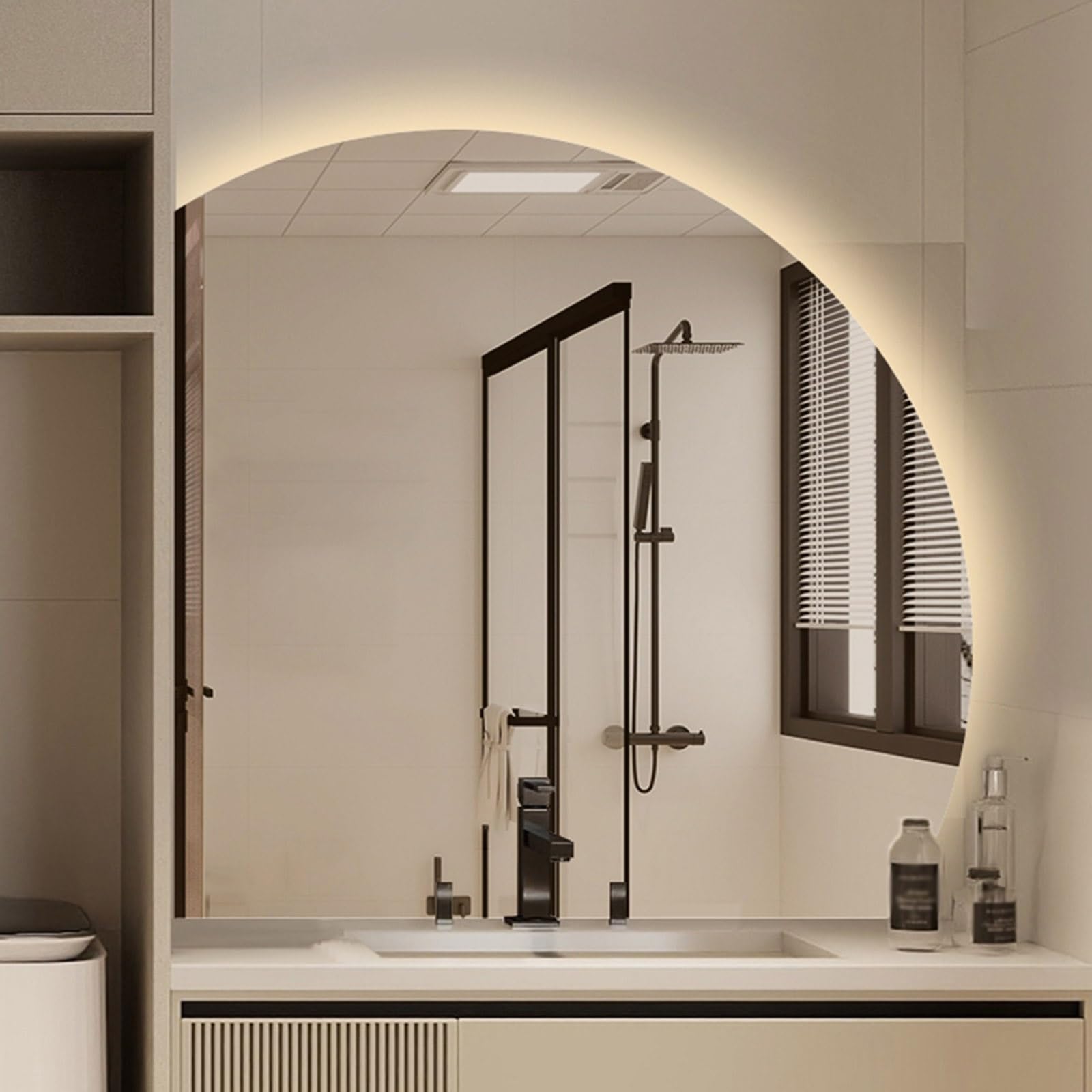 SXFSDOU 40in Half Moon Bathroom Mirror with Lights, 32in 36in Backlit Wall Mounted Cosmetic Vanity Mirror, 3 Colors Dimmable Anti-Fog Home Decoration(Left Under Cut,28inch/70cm)