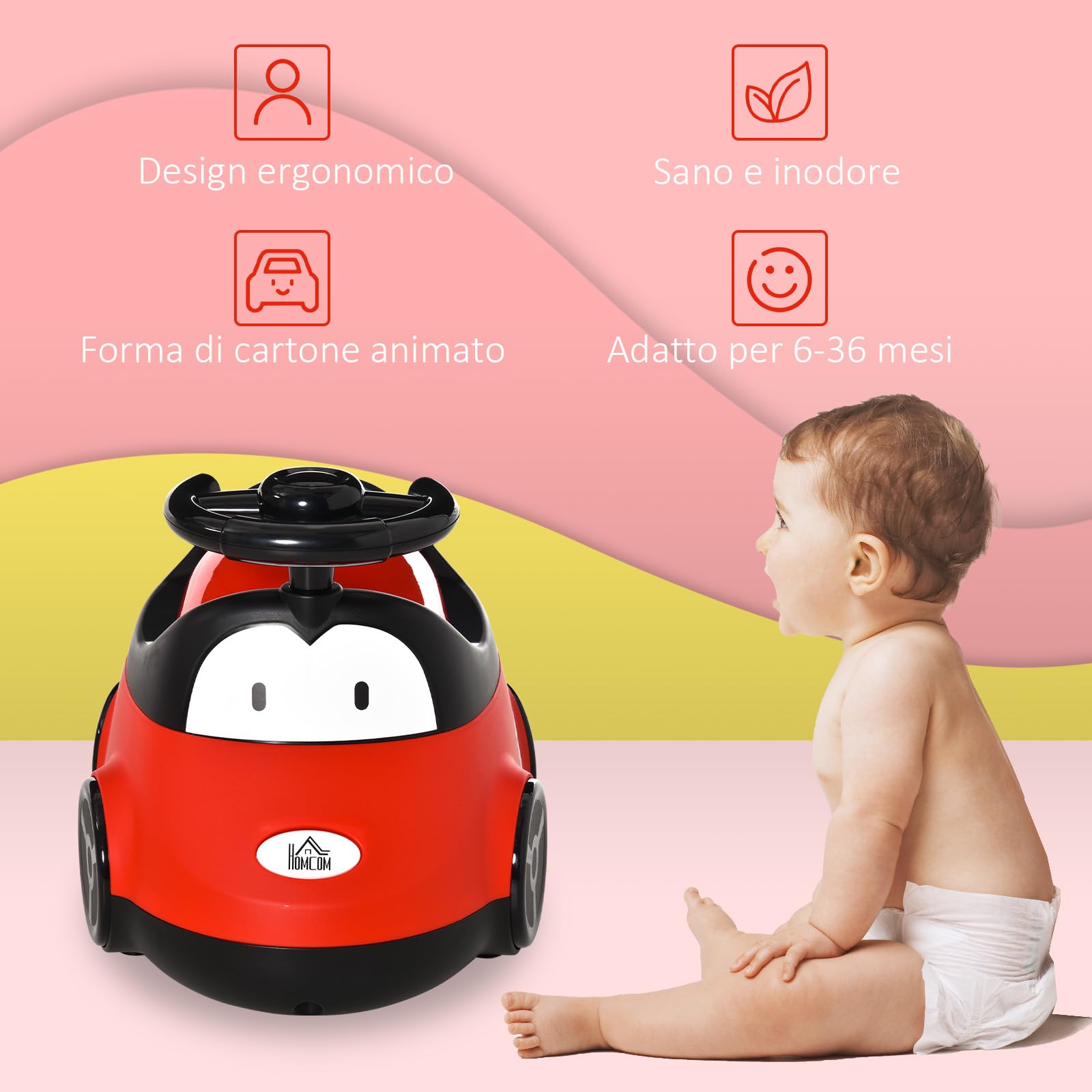 HOMCOM Vasino per Bambini da 6 Mesi a 3 Anni, WC per Bambini a Forma di Macchina con Volante e Vaschetta Rimovibile, Rosso