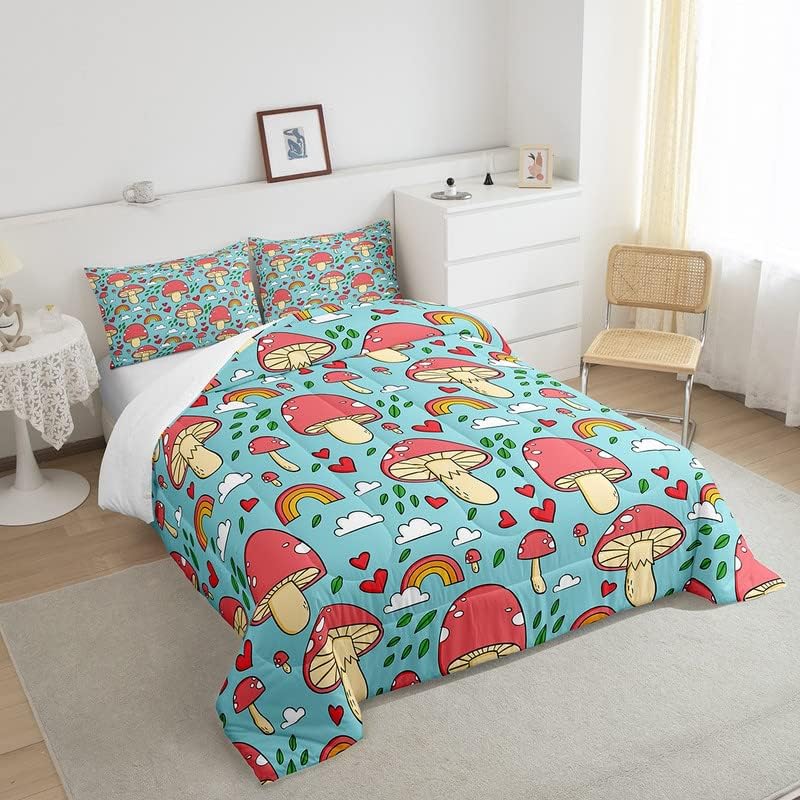 Miniatura 4 de Feelyou Lindo juego de edredón de hongos de dibujos animados para niños, adolescentes, juego de ropa de cama Kawaii con hongos cariños, arco iris,