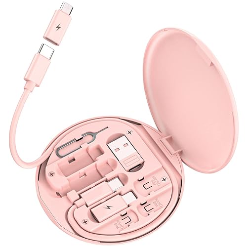 Multi USB Charging Adapter Cable Kit, USB C to iOS Device Adapter Box, Conversion Set A & Type C to Male Micro/Type C/iOS Device, Data Transfer, Card Storage, Tray Eject Pin, Phone Holder (Pink) - pink