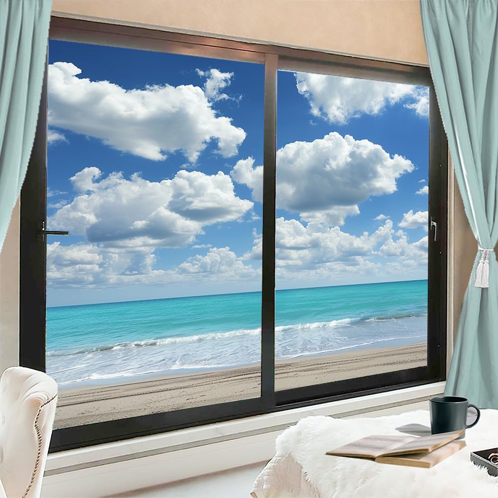 FOCCAFB Beautiful Ocean Scenery Stained Glass Window Film Modern Natural Waves Beach Sticker Frosted Sun Blocking Heat Control Adhesive Window