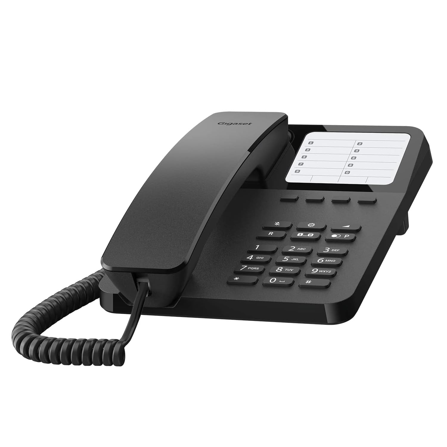 Gigaset Desk 400 Telefon mit elastischem Kabel, platzsparend, 10 Kurzwahleingänge, Wahlwiederholung, kompatibel mit Hörgeräten, MFV oder einstellbare Pulsauswahl, Schwarz