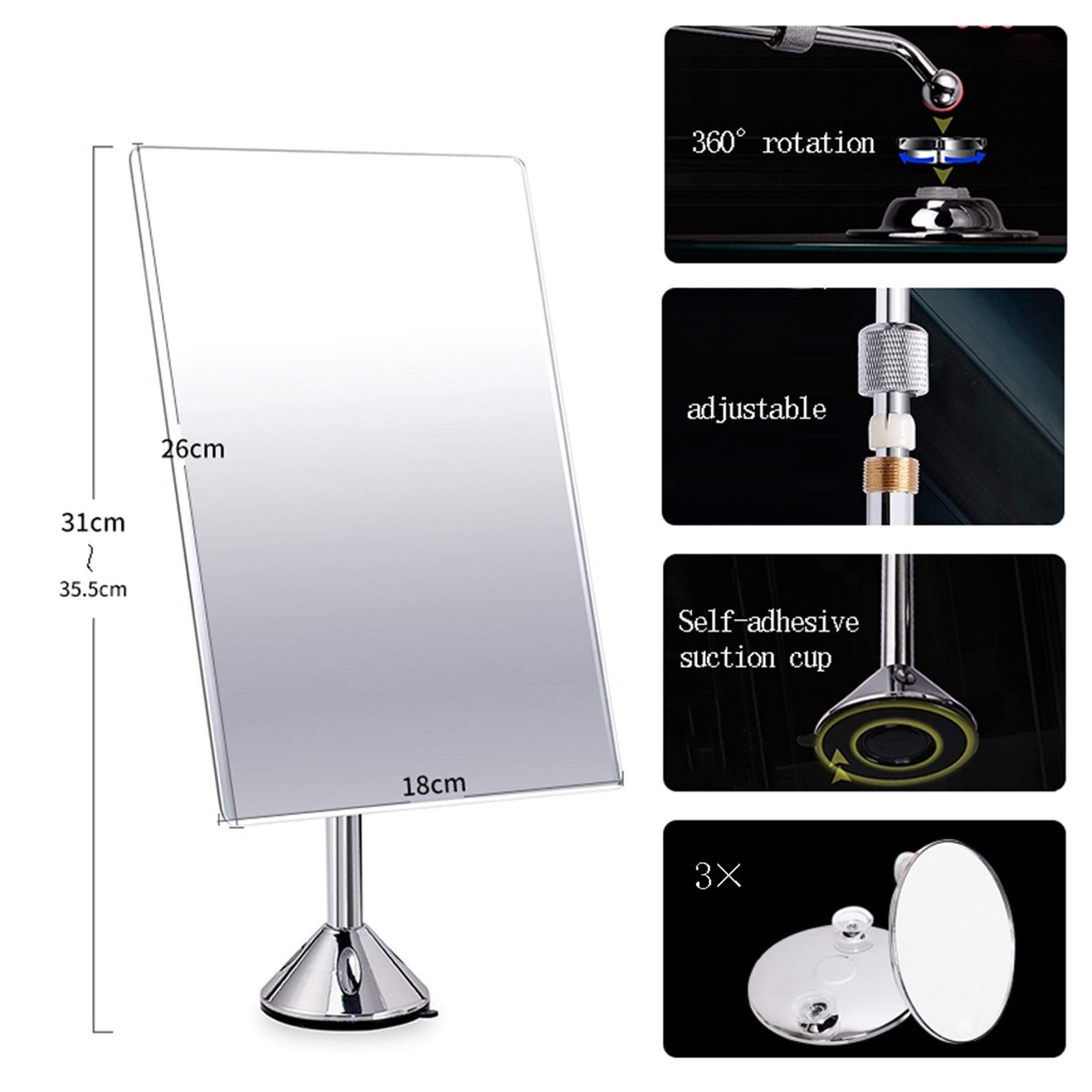 Elevable Mesa del Espejo cosmético, Grande Maquillaje vanidad Tocador Espejo, con Detalle de 3 aumentos Espejo apropiado para Recortar Las Cejas, Maquillaje, Corte de Pelo y Afeitar,B