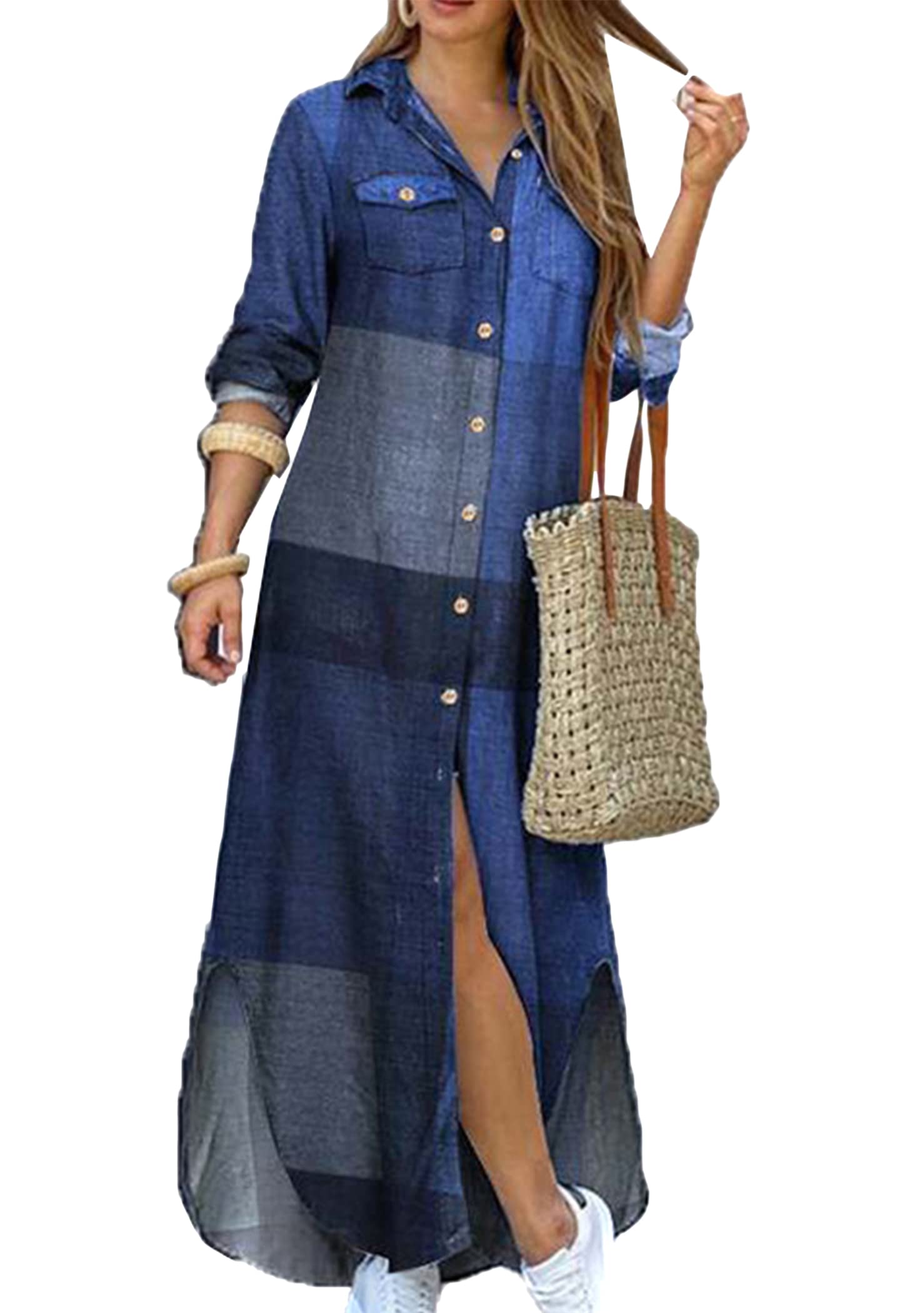 OMZIN Abito da Donna con Maniche a Arrotolate Abito a Camicia Casual con Stampa Floreale Abito Ampio