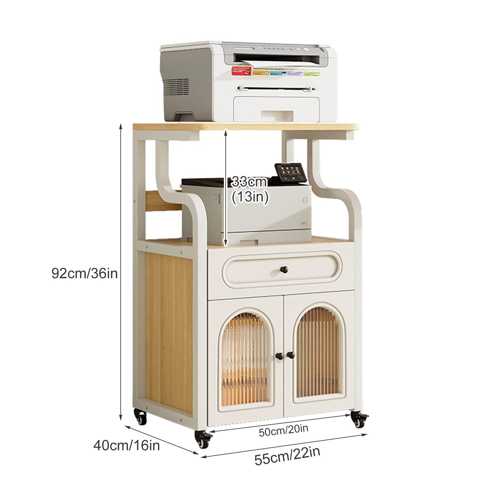 Druckerschrank, Druckertisch mit Schublade, Tisch mit Rollen, Groß Druckerständer, Drucker Tisch für Homeoffice(Natural)
