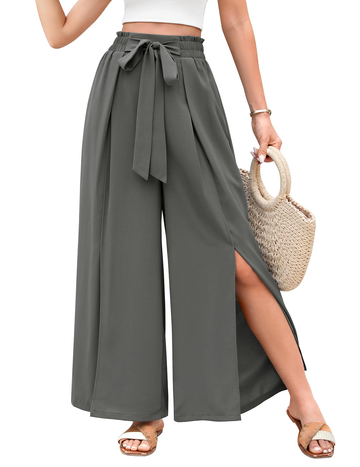 Svanco Palazzo Hose Damen Sommer Weite Plissee Hose Lockere High Waist Paperbag Hosen mit Schlitz