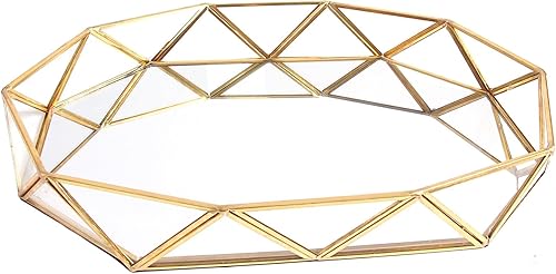 Miniatura 7 de Feyarl Bandeja de maquillaje con espejo de vidrio transparente dorado, organizador de joyas, forma octogonal ornamentada, exhibición de perfume