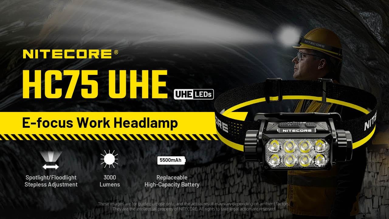 Nitecore HC75 UHE HEADLAMP HC75 UHE Wiederaufladbare E-Fokus-Strahler-Flutlicht-Scheinwerfer, 192 m Strahler, 3000 Lumen (Upgrade von HC68) mit Akku und Eco Sensa USB-C-Ladekabel