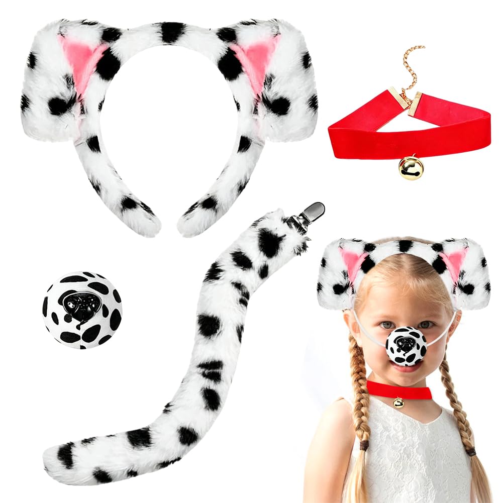 HATFRYF 4PCS Dalmatian Costume Set, Spotted Dog Costume Set, Funny Cosplay Set Including Furry Ears Headband Nose Velvet Collar and Tail, for Halloween Birthday Carnival Animals Cosplay