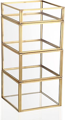 Hipiwe Joyero de cristal dorado de 4 niveles, apilable, organizador de baratijas, caja de vidrio decorativa, soporte para puntas de Q, soporte de