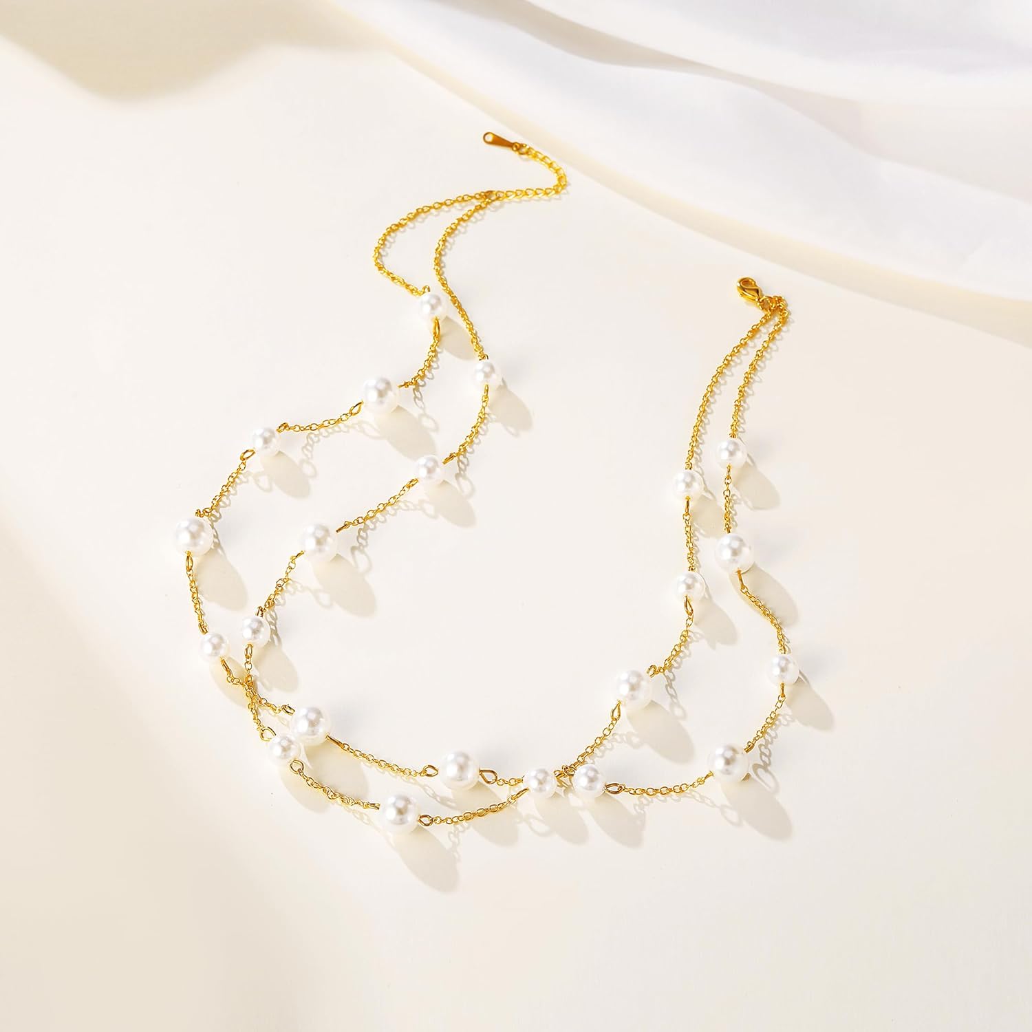 HERSIN Gold Necklace for Women Trendy, 14K Gold Plated Layered Chunky Pearl Necklaces for Women Dainty Double Layered Pearl Chain Choker Necklace Gold Jewelry Set for Women Gifts - Image 7