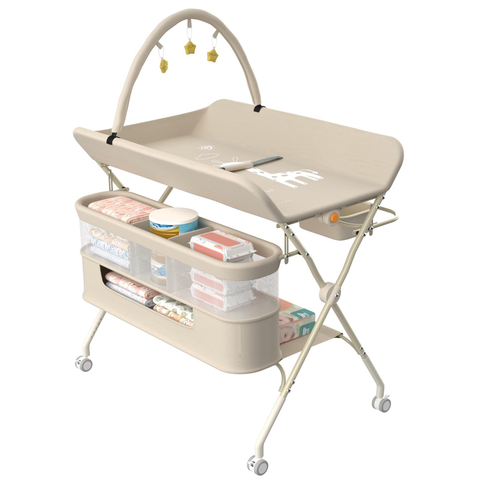 Table à Langer avec roulettes, Pliable, Tapis à Langer Portable, 5 Niveaux réglables, Panier de Rangement à Suspendre pour Nouveau-né, pour Chambre de Bébé,75 * 68 * 83-91cm (B) Blanc crème