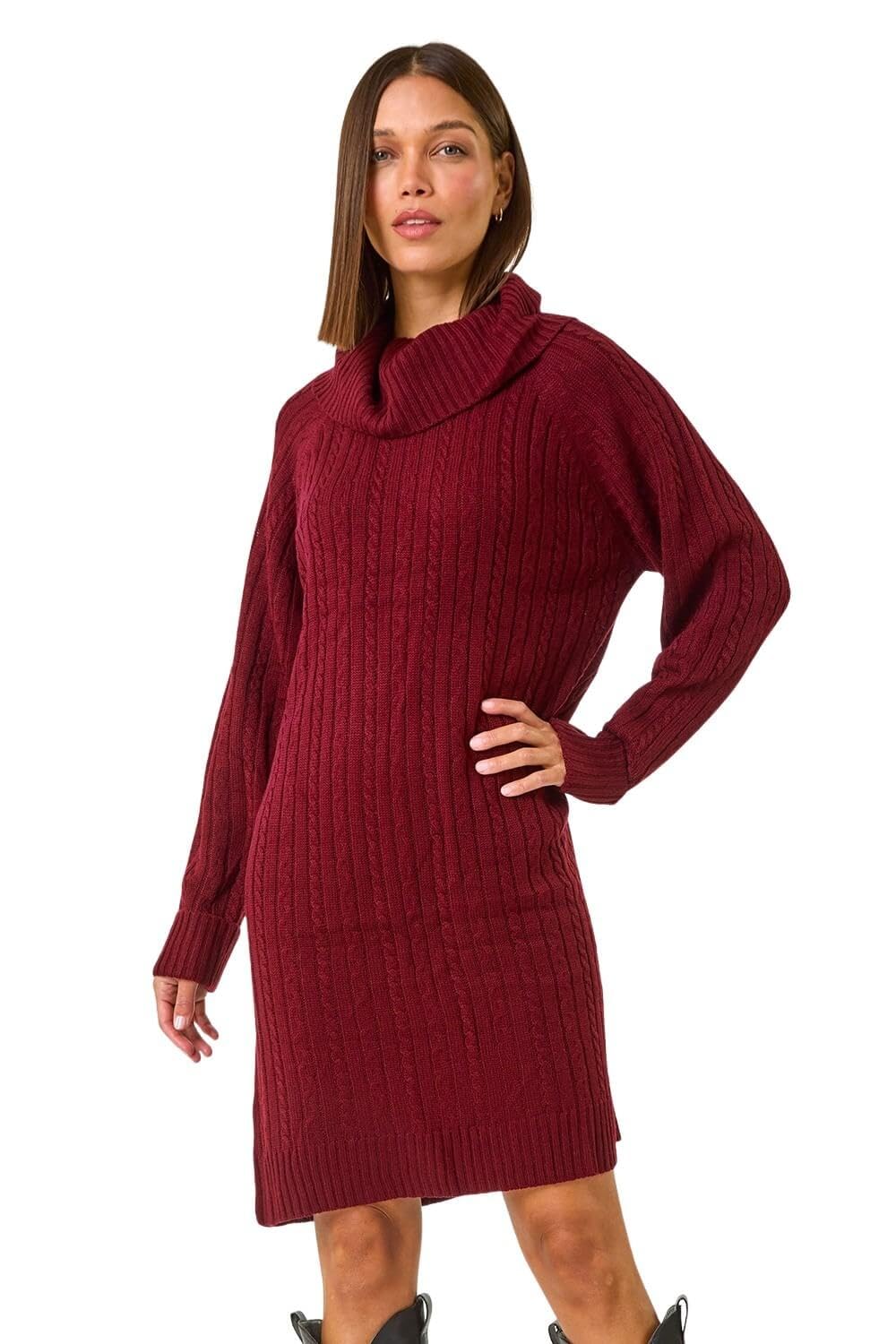 Roman Roll Neck Knitted Jumper Dress for Women UK - Ladies Autumn Everyday Winter Holiday Cowl Neckline Comfy Long Sleeve Soft Rib Detail Frock Desk to Dinner Gowns - Wine - Size 12