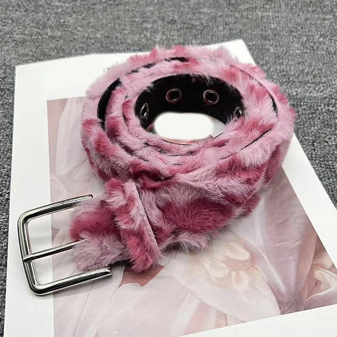 Women's Faux Fur Leopard Print Plush Patchworked Western Style Belt with Metal Buckles3