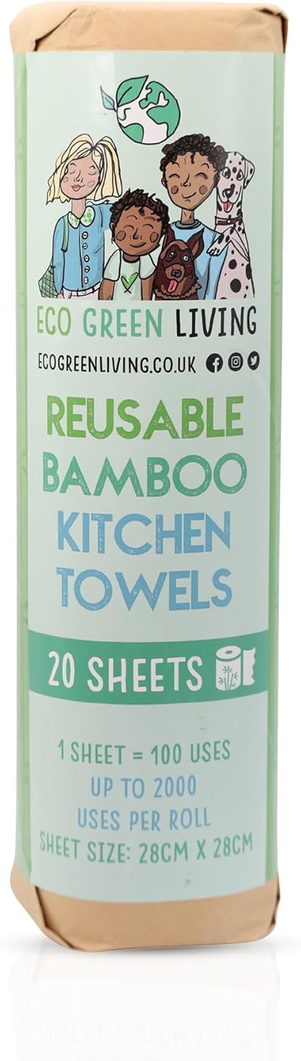 Eco Green Living Reusable Bamboo Kitchen Towels, Washable, Sustainable Paper Towel Alternative, Super Absorbent, Plastic-Free Packaging, Up to 100 Uses Per Sheet, 3 Rolls x 20 Sheets