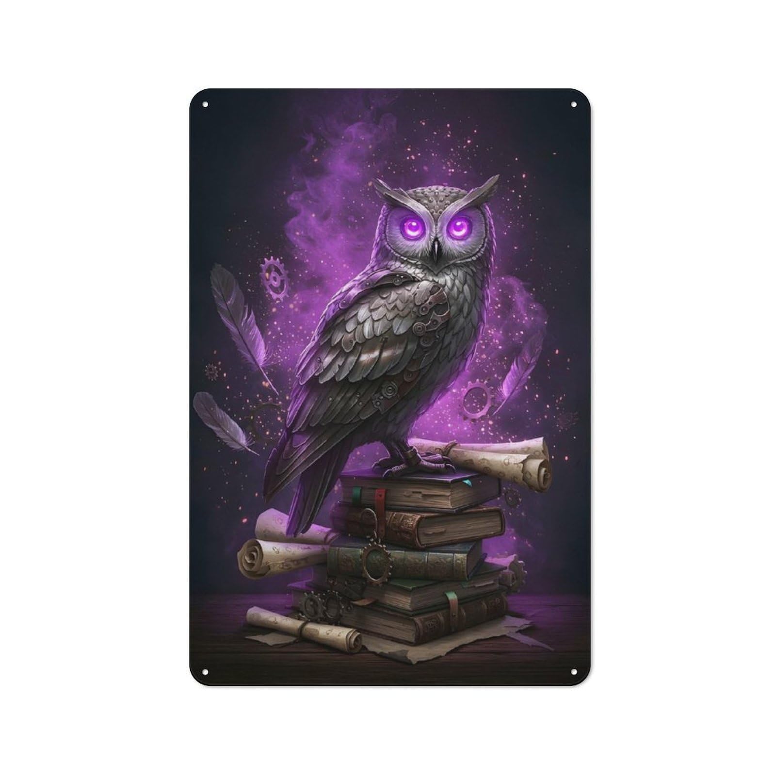 Junmoney Steampunk Owl On Books With Magic For Garden Room Or Summerhouse, Retro Tin Sign 30X20cm, For Garage, Workshop And Man Cave Decoration