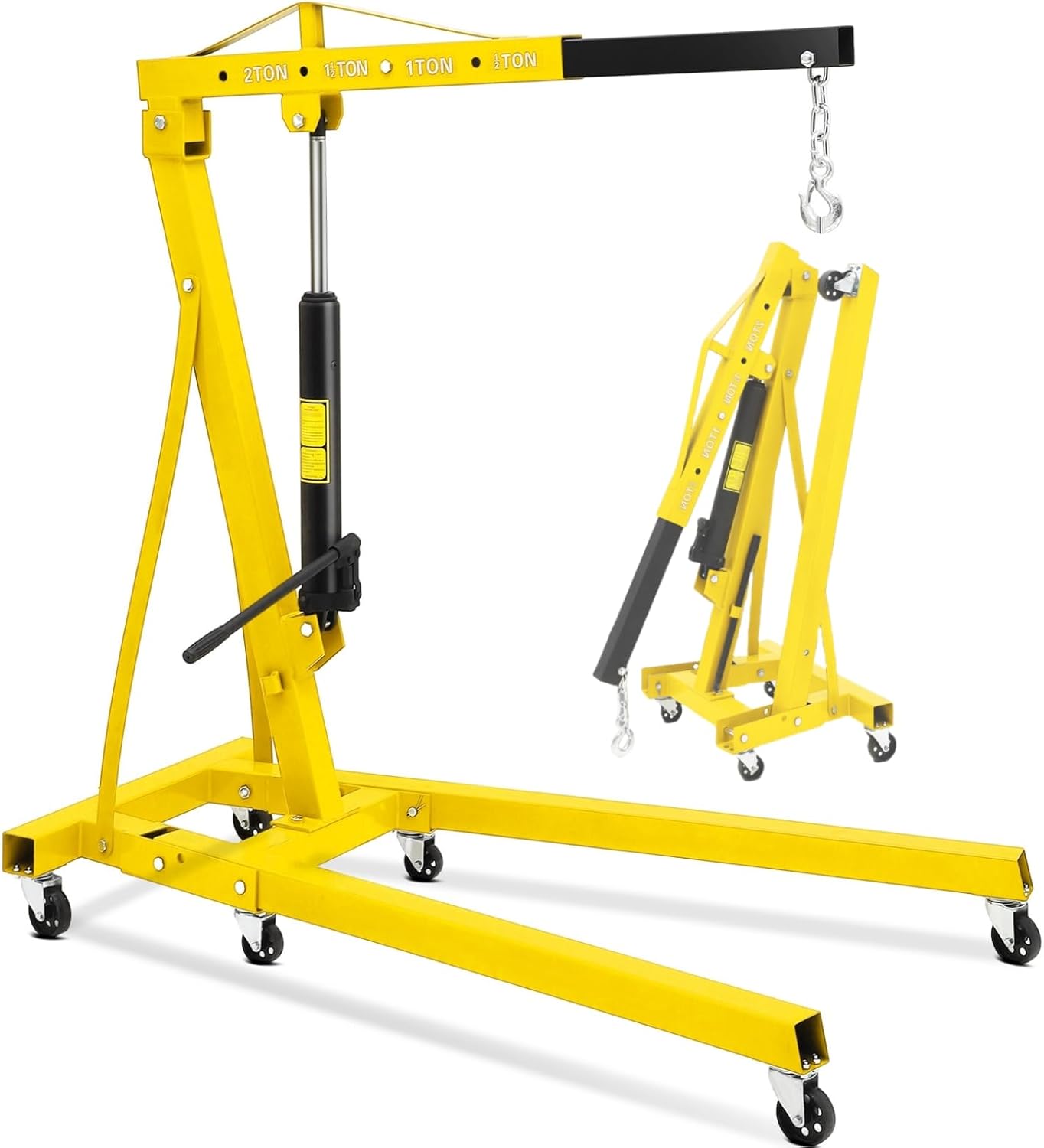 Folding Hydraulic Engine Hoist 2 Ton, Cherry Picker Shop Crane with 6 Casters and Telescopic Boom, 4400 Lbs Capacity Heavy Duty Engine Hoist Crane Lift for Garage, Workshop, Automotive Repair, Yellow Yellow No Lever