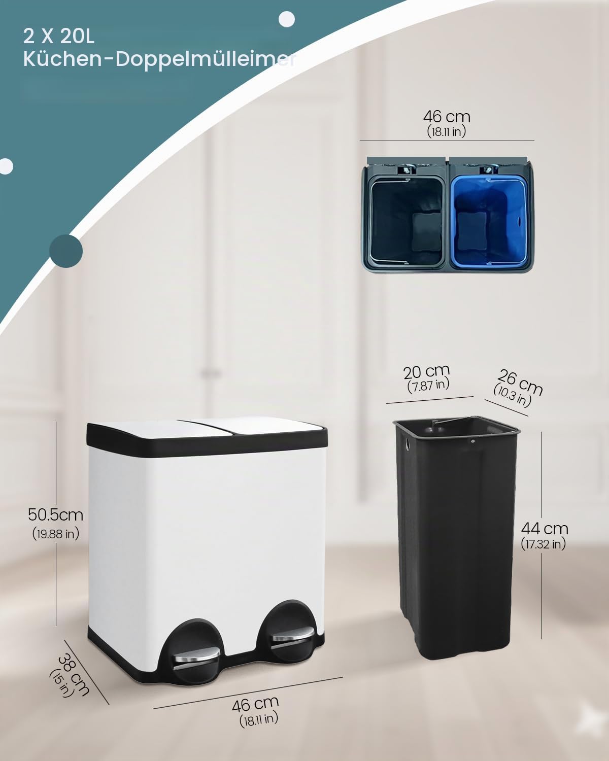 Mülleimer 2 fächer 40L, Mülltrennsystem, Mülleimer 2x20L, Weiß | Mülleimer Küche, 40L Doppel Treteimer Mülltrennung, Abfalleimer Mit Deckel, Inneneimern, Für Recyclingmaterialien Und Abfall