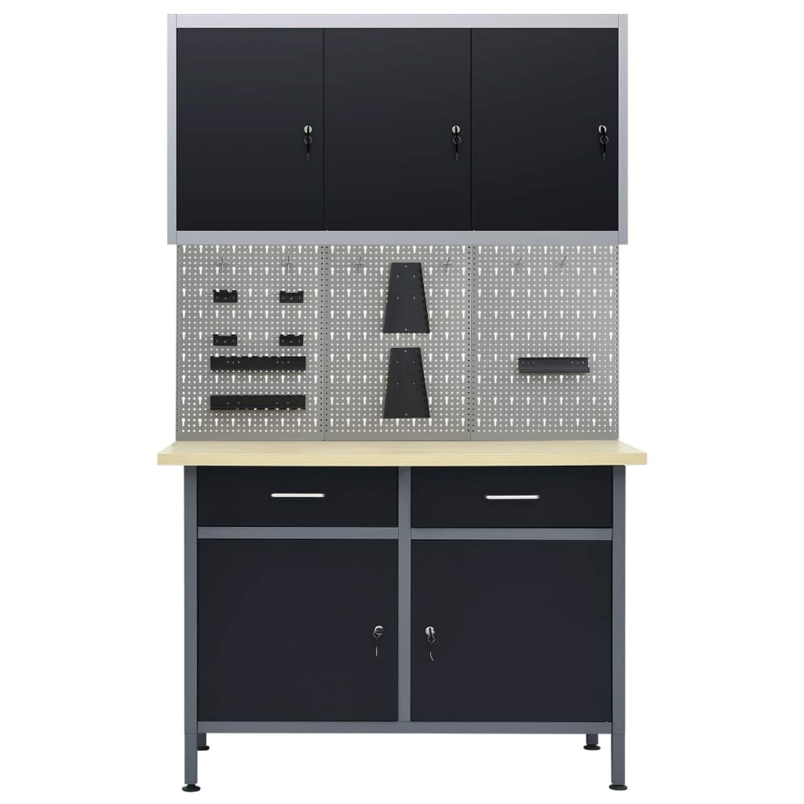 Werkbank mit 3 Werkzeugwänden und 1 Wandschrank, Werktisch, Arbeitstisch, Schweißtisch, Maschinenuntergestell,