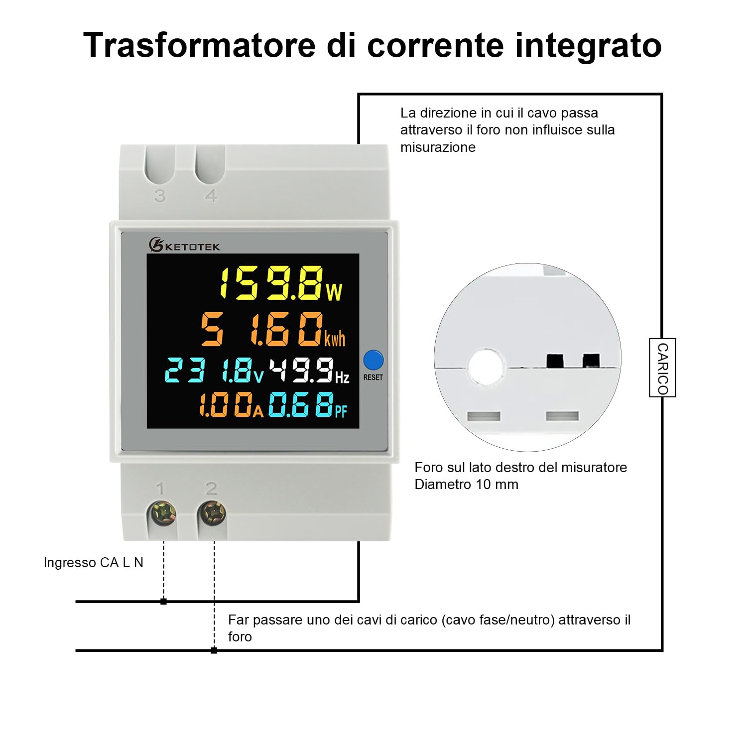 KETOTEK 6 in 1 Misuratore Contatore di Corrente Digitale AC40-300V 100A Voltmetro Amperometro Guida Din, Contatore Elettrico Monofase, Tensione Amperaggio Potenza Energia Fattore di Frequenza