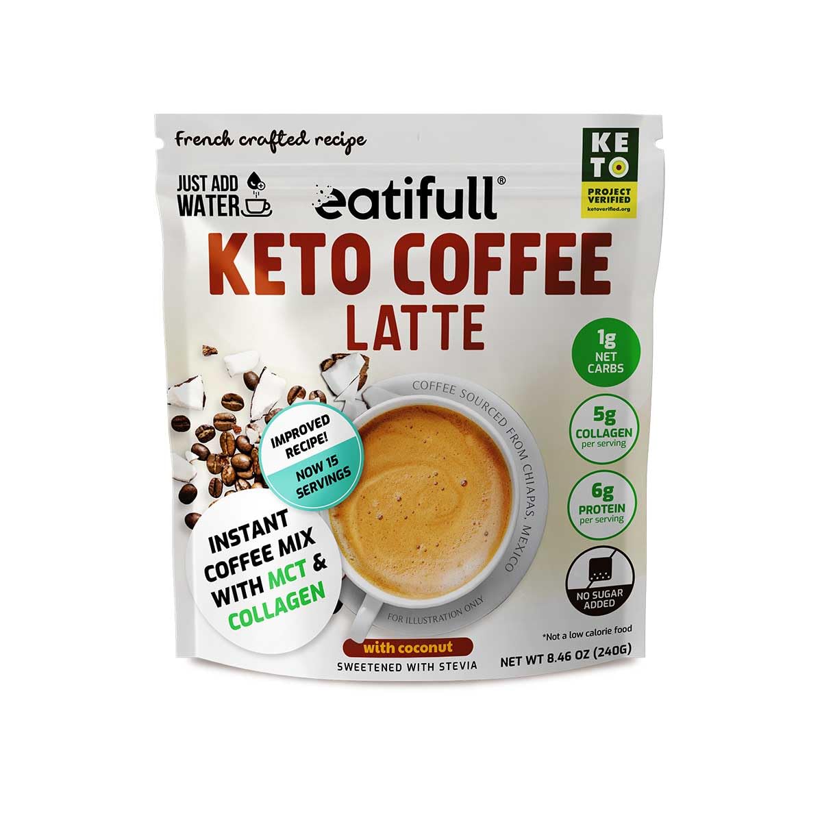 Eatifull Keto Coffee Latte - Instant Coffee (5g) of Collagen & MCT Oil - Sugar-Free, Stevia-Sweetened, High Protein (6g) - Medium Roast - Boosts Energy & Metabolism - 1 Bag