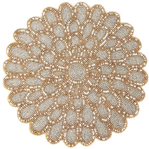 Ivory Gold Beaded Placemats – 13” Round Charger Plates | Handmade Glass Bead & Polyester Table Mats for Dining & Coffee Tables | Elegant Holiday & Home Décor –ALPHA Living HOME