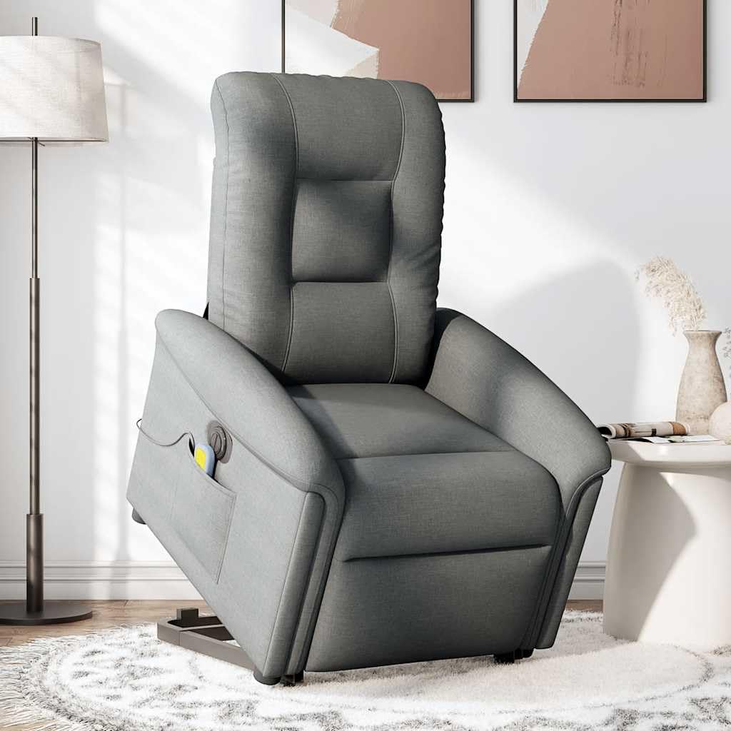 Sillón elevador eléctrico con masaje reclinable, color gris oscuro, de tela con 6 puntos, vibración y función de elevación, para un asiento cómodo y relajante