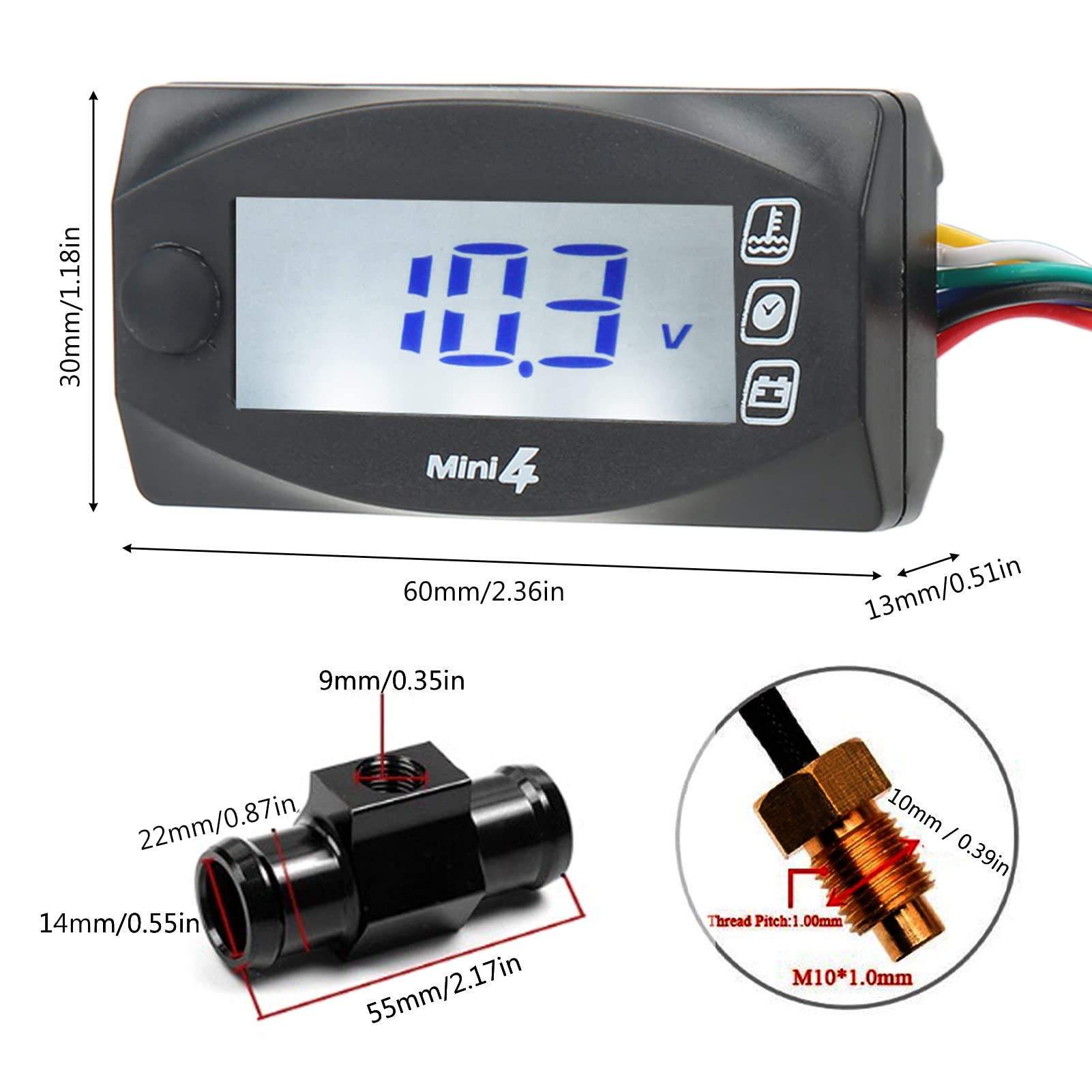 Termometro Digitale 4 In 1 Per Moto - Temperatura Acqua, Motore, Voltaggio E Orologio, Display LCD Impermeabile - Foto 5