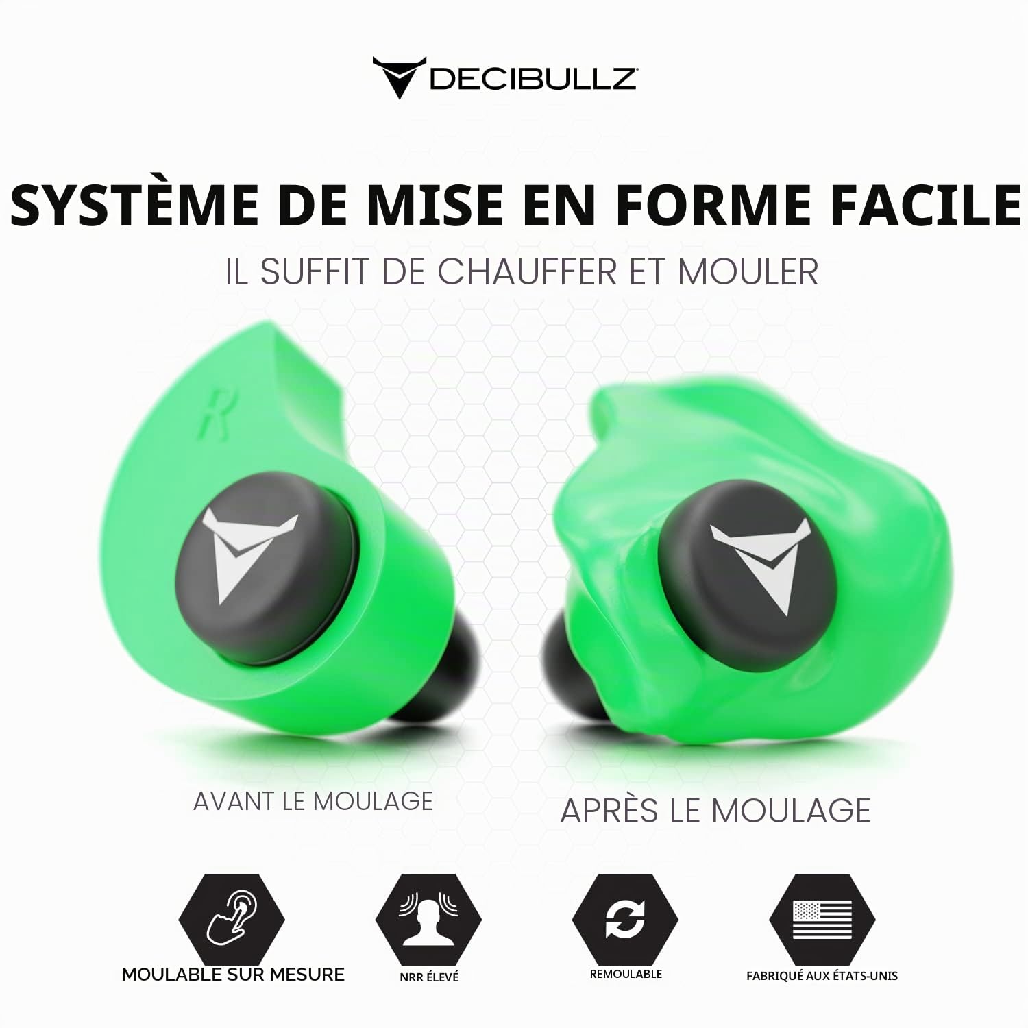 Decibullz - Bouchons d'oreille moulés sur mesure, 31 dB le plus élevé, protection auditive confortable pour le tir, les voyages, le travail et les concerts (vert)