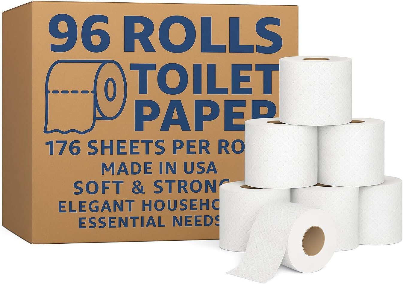 96 Rolls Toilet Paper – 176 Sheets per Roll | Soft & Strong Bathroom Tissue | Made in USA | Elegant Household Essentials Bulk Pack