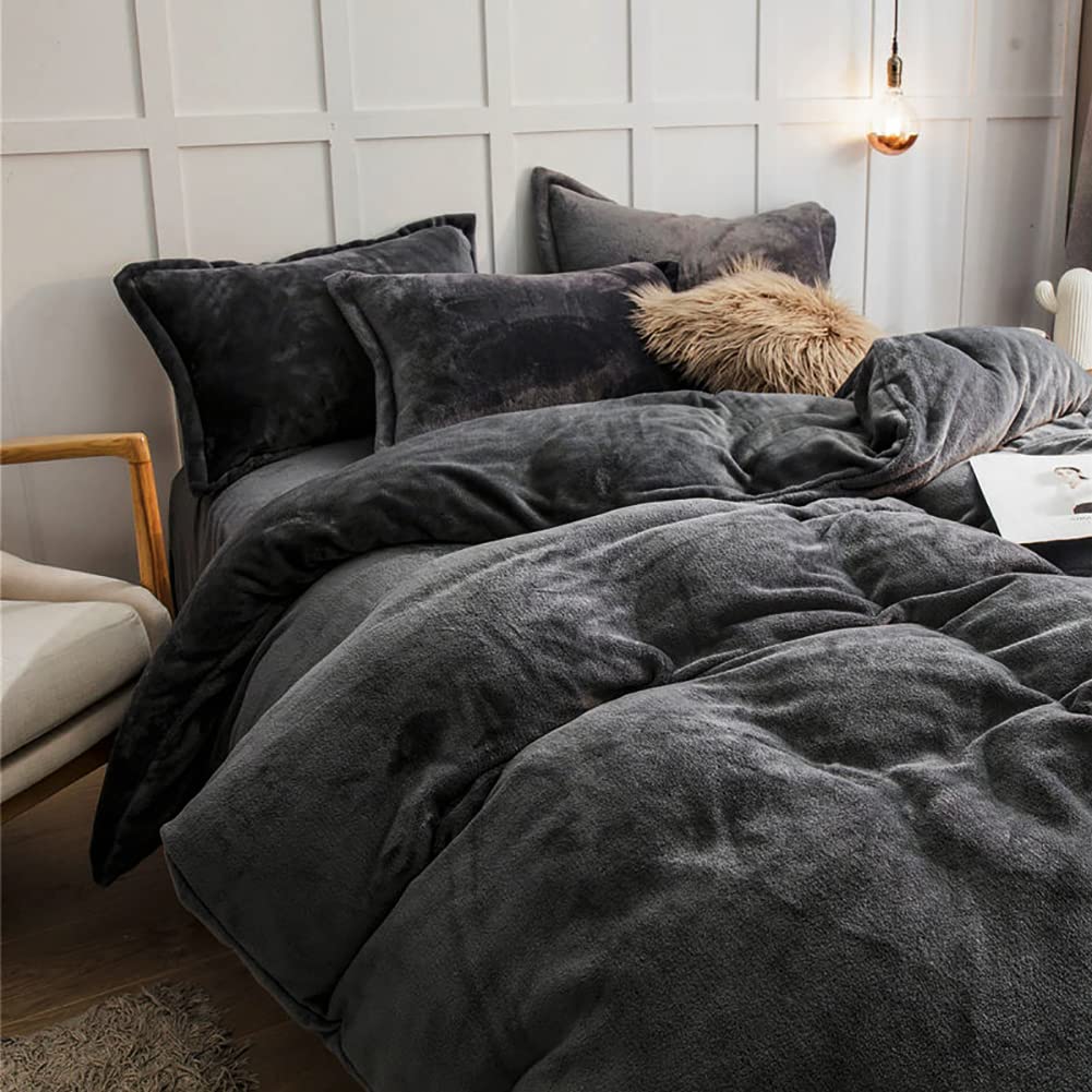 Omela Winter Bettwäsche 155x220cm Warm Fleece Plüsch Bettbezug Dunkelgrau