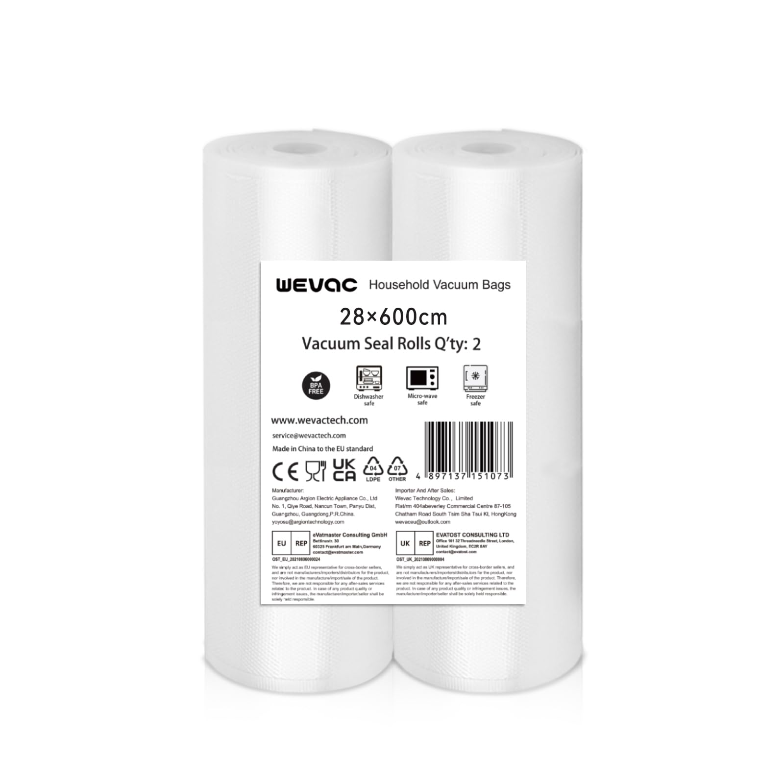 Wevac Lite 2 Rolls Vacuum Food Bags, 28 x 600cm Food Vacuum Sealer Bags Commercial-Grade, Leakproof for Long-Term Food Storage and Sous Vide (Total 12m)
