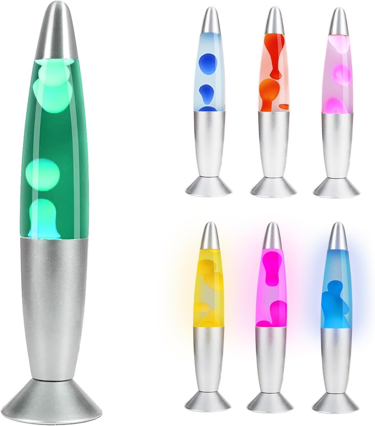 Wielokolorowa lampa lawowa LED, lampa rakietowa LED, solidne szkło, aluminium, lampka nocna Led z ruchem wosku, stały strumień lawy, wielokolorowe światło LED, 7 alternatywnych kolorów