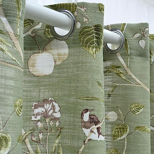 Kmsg Green Farmhouse Vintage Printed Floral Birds Patterns Extra Wide Curtains For Sliding Glass Door Decorative Patio Door Panel Window Drapes For Living Room/Bedroom 2 Panels W52 X L84 Inch #TOP5