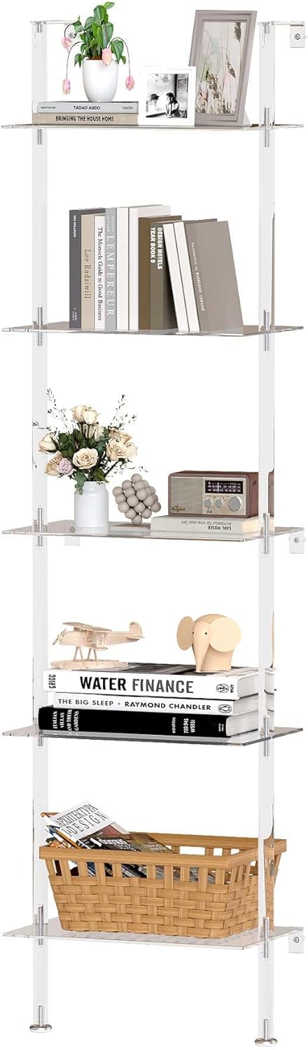 Acrylic Ladder Bookshelf, 5-Tier Wall Mounted Book Shelf, 70.5" H x 15.5" W x 13.4" D Clear Organizer, Multipurpose Bookcase Display Shelf for Small Spaces, Library, Living Room