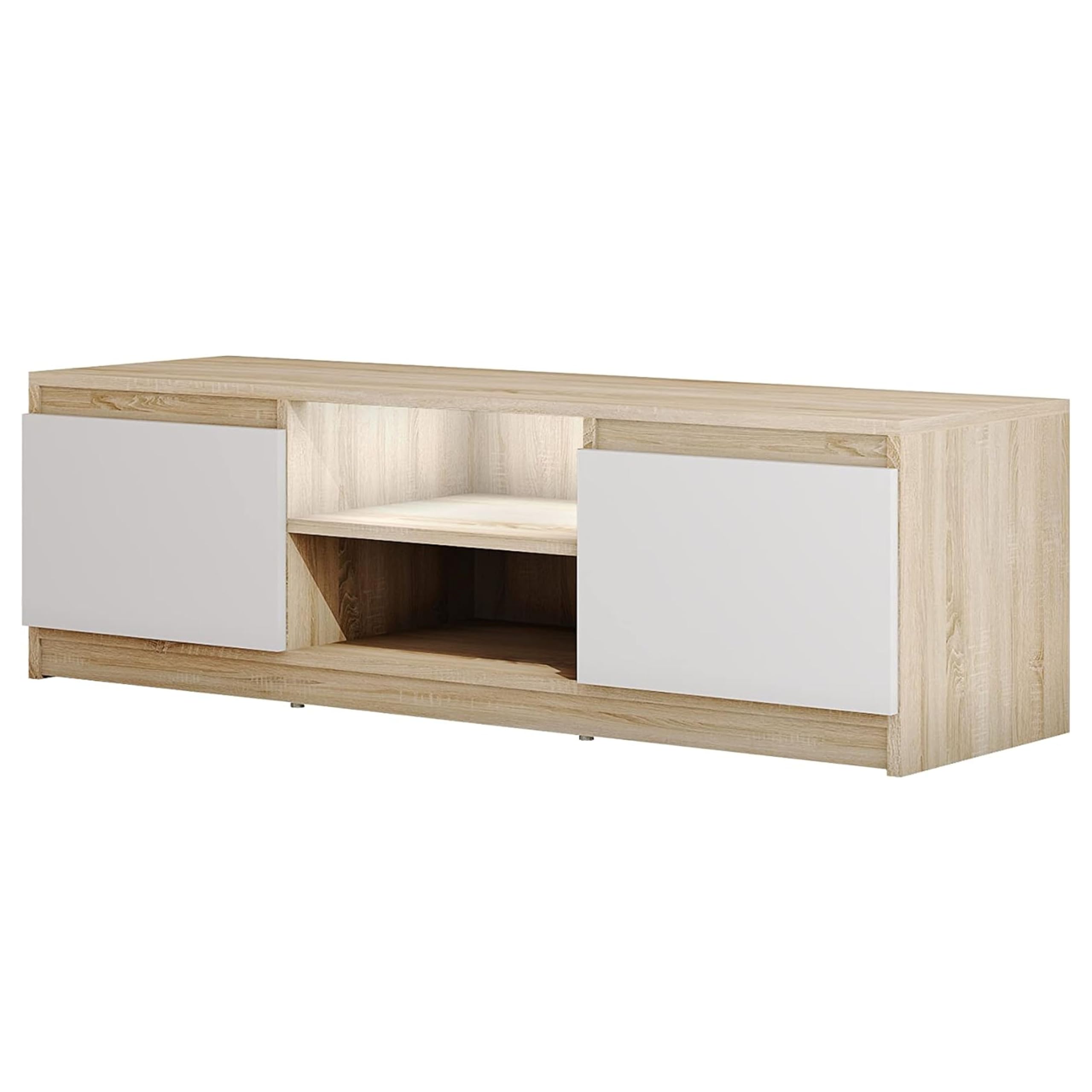 MINIO go for it - Meuble TV Dingo 120cm Lowboard pour téléviseur | Meuble TV bas avec 2 portes battantes et 2 compartiments ouverts, meubles TV en chêne Sonoma et blanc - Meuble bas avec LED