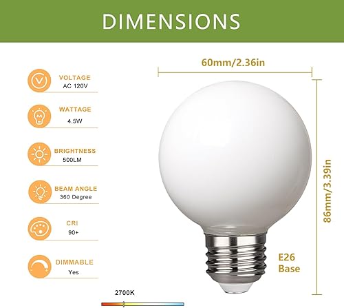 Miniatura 2 de MEILUX Paquete de 6 bombillas LED G19 (G60), bombillas LED regulables de 4.5 W equivalentes a 40 W, blanco cálido 2700 K, 500 lm, base E26,