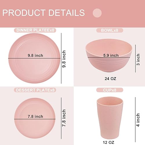 Miniatura 2 de Supernal Juego de vajilla de paja de trigo rosa, platos rosados para 8, juegos de platos y cuencos, platos de plástico reutilizables, platos aptos