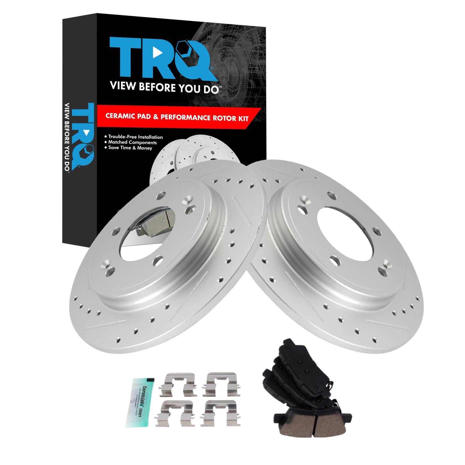 TRQ Performance Rear Brake Pad and Rotor Set Ceramic Coated Drilled Slotted Rotors Compatible with 2019-2021 Hyundai Veloster 2020 Kia Forte