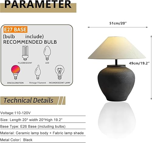 Miniatura 3 de Lámparas de mesa rústicas de granja, lámpara de mesa de cerámica negra de 21.6 pulgadas de alto, cuerpo de lámpara de cerámica con textura simple