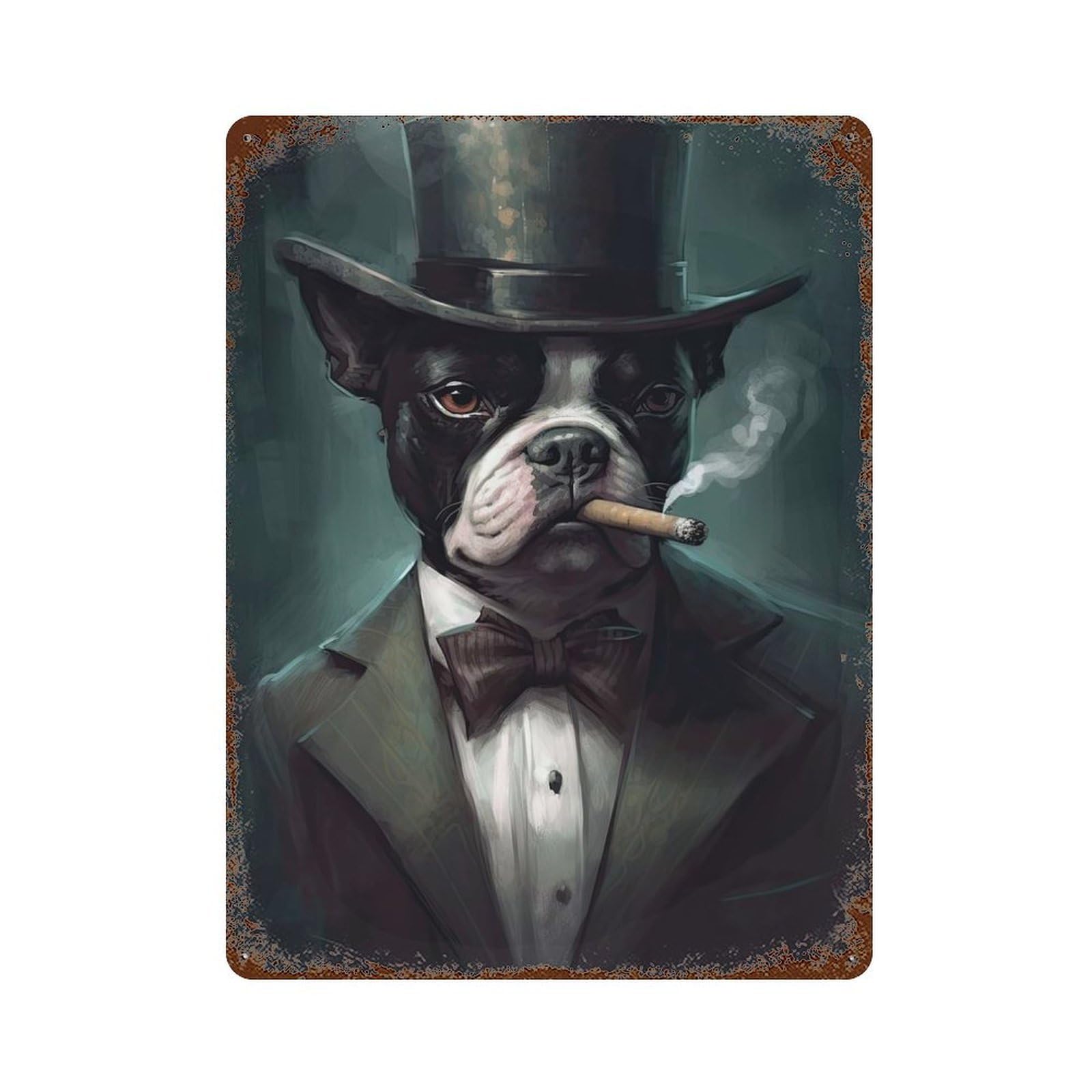 Vintage Rust Metal Sign with Boston Terrier Gangster Design 15.7"x11.8", for Farmhouse, Kitchen And Entryway Decor, Novelty Wall Decor