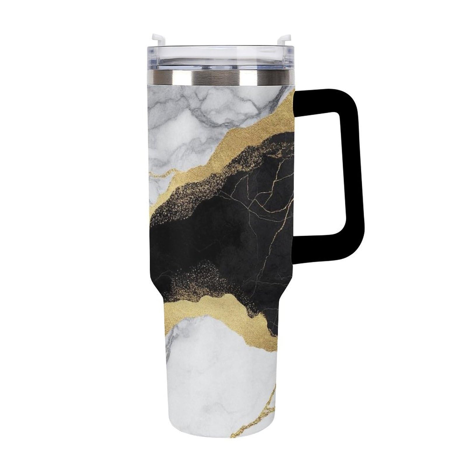 Gobelet isotherme en acier inoxydable avec paille et motif marbre chic