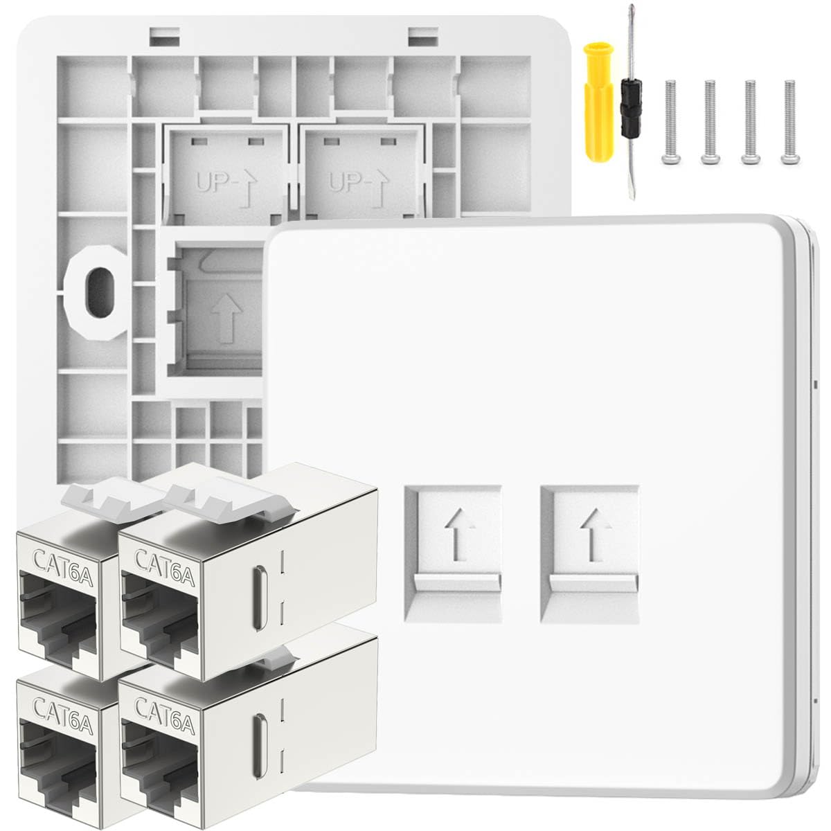 Acmerota CAT6A 10Gigabit Network Socket Ethernet RJ45 LAN Cable Faceplate Double Port RJ45 Wall Sockets CAT6A Ethernet Faceplate Dual-Pass Socket Box with RJ45 Coupler for Ethernet Cable Installation
